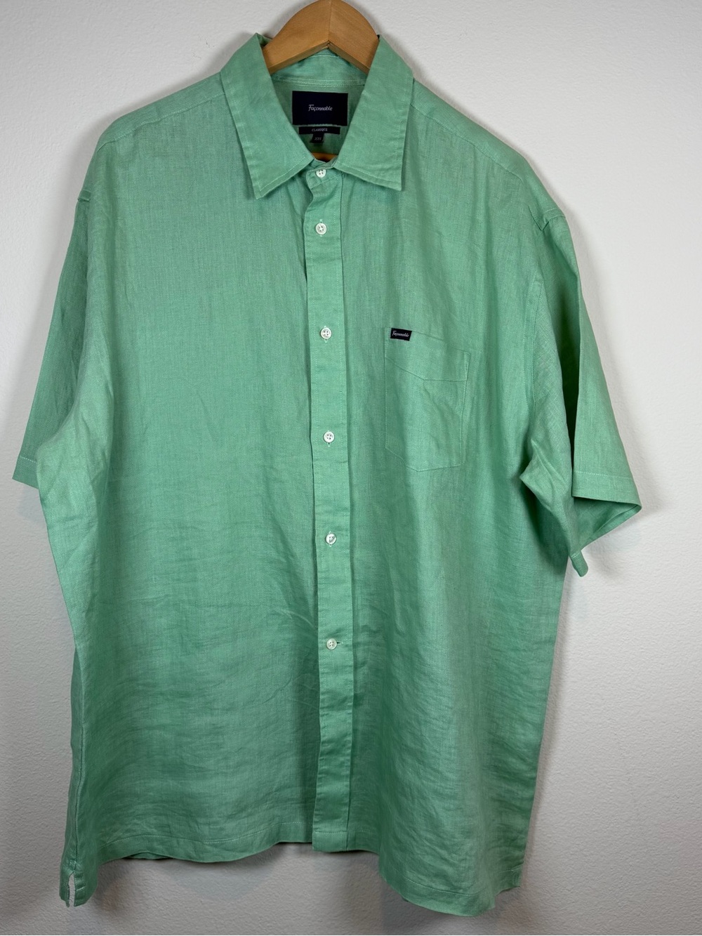 Faconnable Seafoam Green Short-Sleeve 100% Linen Button-Down Shirt